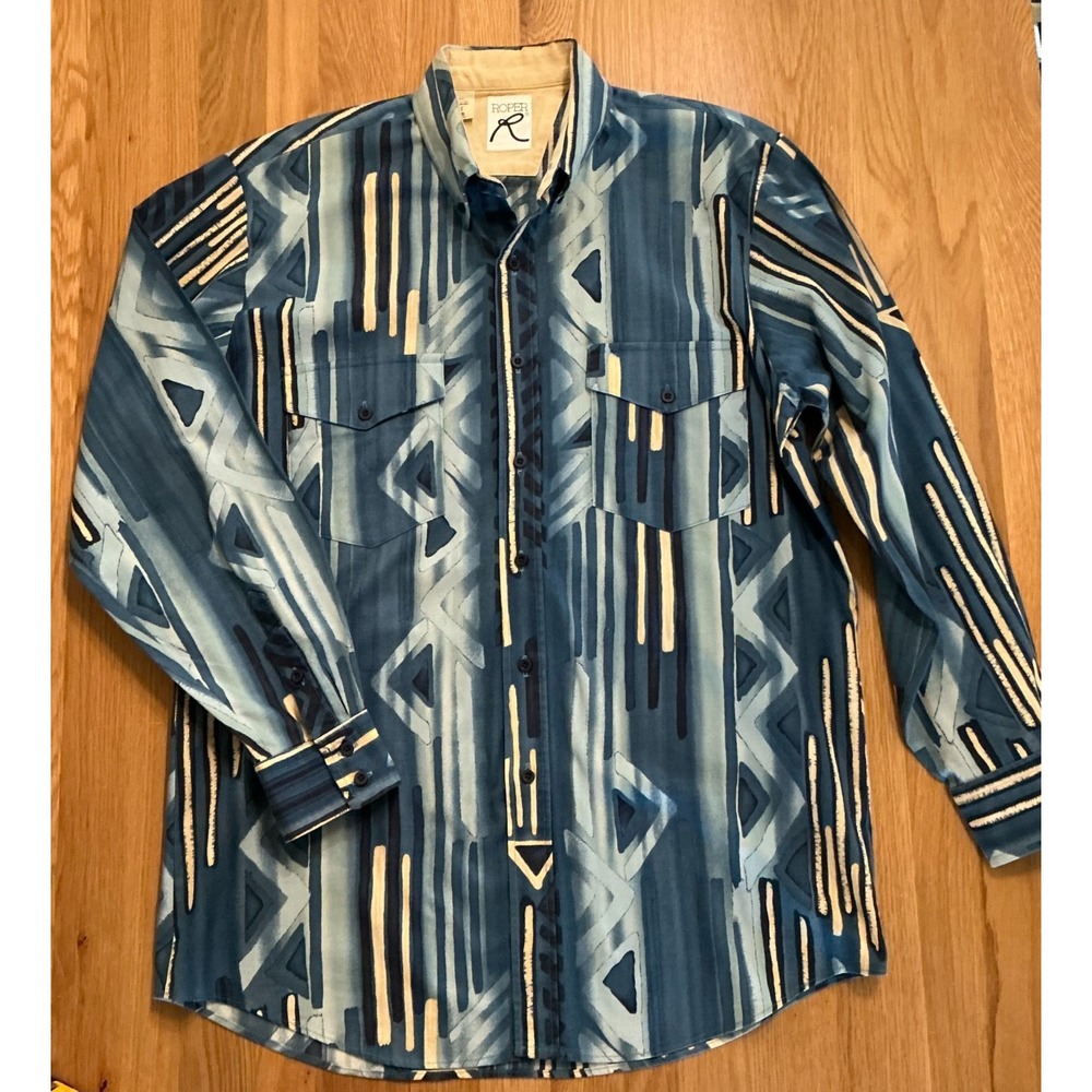 Roper Western Shirt Mens Large Blue Cream Southwestern Geometric Cowboy L
